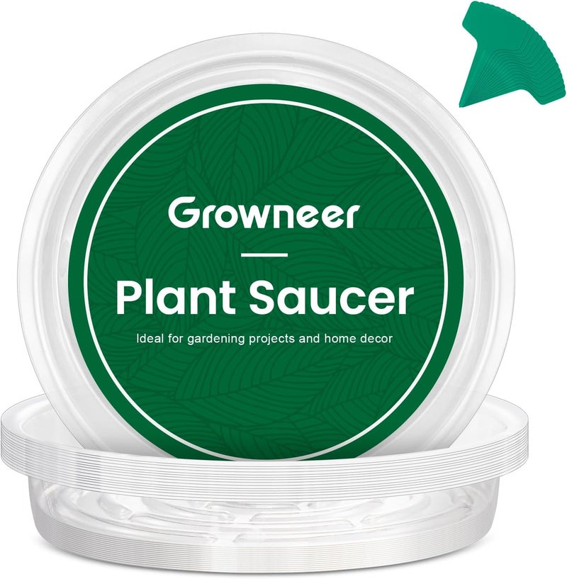 GROWNEER 15 Packs 10 Inches Clear Plant Saucers Flower Pot Trays, with 15 Pcs Plant Labels, Plastic Plant Saucer Drip Trays for Indoor Outdoor Plants Garden - Image 1