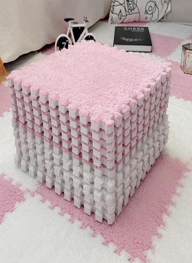 FAUOSWUK 10pcs Plush Foam Floor Mat, Cuttable Play Mat Color Blocking Plush Puzzle Interlocking Square Carpet Tile Flooring Climbing Area Rugs for Home Playroom (Pink White) - Image 2