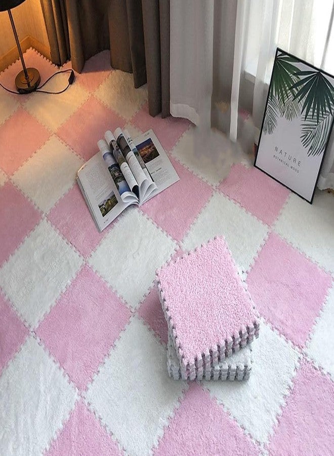 FAUOSWUK 10pcs Plush Foam Floor Mat, Cuttable Play Mat Color Blocking Plush Puzzle Interlocking Square Carpet Tile Flooring Climbing Area Rugs for Home Playroom (Pink White) - Image 5