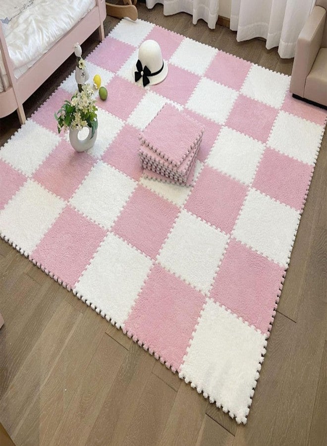FAUOSWUK 10pcs Plush Foam Floor Mat, Cuttable Play Mat Color Blocking Plush Puzzle Interlocking Square Carpet Tile Flooring Climbing Area Rugs for Home Playroom (Pink White) - Image 3