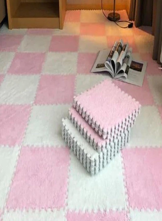 FAUOSWUK 10pcs Plush Foam Floor Mat, Cuttable Play Mat Color Blocking Plush Puzzle Interlocking Square Carpet Tile Flooring Climbing Area Rugs for Home Playroom (Pink White) - Image 4