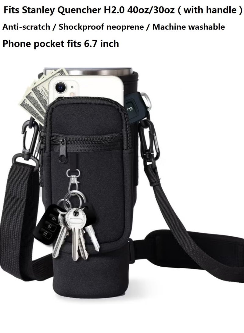 ريما شنطة وحامل لكوب ستانلي 40 أونصة مع جيب للجوال، جراب حماية نيوبرين مع حزام كتف قابل للتعديل للمشي والجيم والسفر - أسود - Image 1