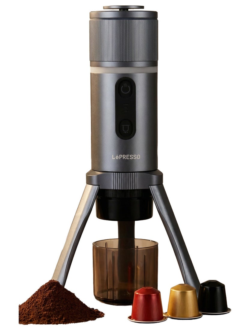 LePRESSO Portable Espresso Maker with Espresso Grind Only & Nespresso Capsules / Quick Brewing Time 3-4 Min / Consistent Espresso Pressure 18 Bar / 2 - 1 In Capsule & Coffee Powder - Grey - Image 1