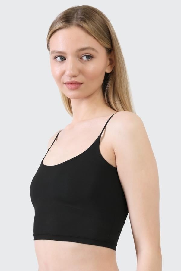 COTTONHILL Microfiber Textured Thin Strap Black Crop Top Bustier - Image 2