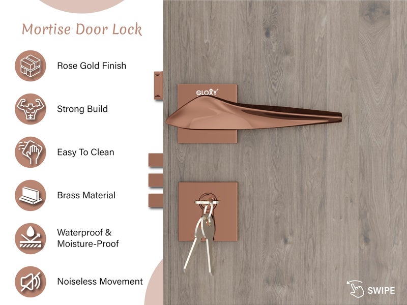 GLOXY Zinc Door Locks for Main Door, Mortise Door Lock Set with 3 Brass Keys, Bedroom Door Lock, Handle Lock for Homes,Offices,Hotels | Rose Gold Finish (2 Years Warranty, Pack of 1) - Image 3
