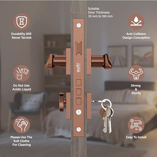 GLOXY Zinc Door Locks for Main Door, Mortise Door Lock Set with 3 Brass Keys, Bedroom Door Lock, Handle Lock for Homes,Offices,Hotels | Rose Gold Finish (2 Years Warranty, Pack of 1) - Image 2