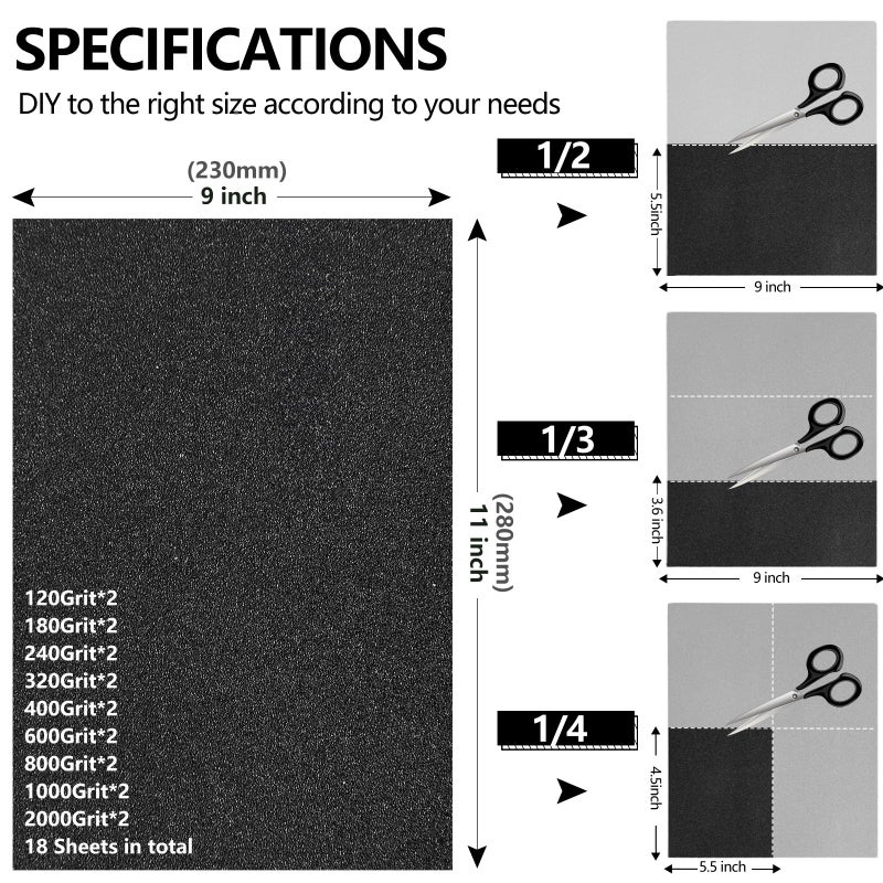 Shineboc Sandpaper Assortment, 18 Sheets, 9 x 11 Inch Wet Dry Sand Paper, 120/180/240/320/400/600/800/1000/2000 Grit Hand Sanding Sheets for Wood Metal Automotive Sanding and Polishing - Image 2