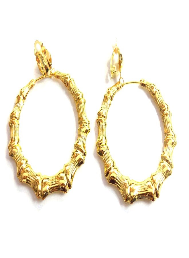 Divas Diggables Clip-on Hoop Earrings Bamboo Gold Tone Old School 2.5 inch Hoop Earrings Non Pierced - Image 1