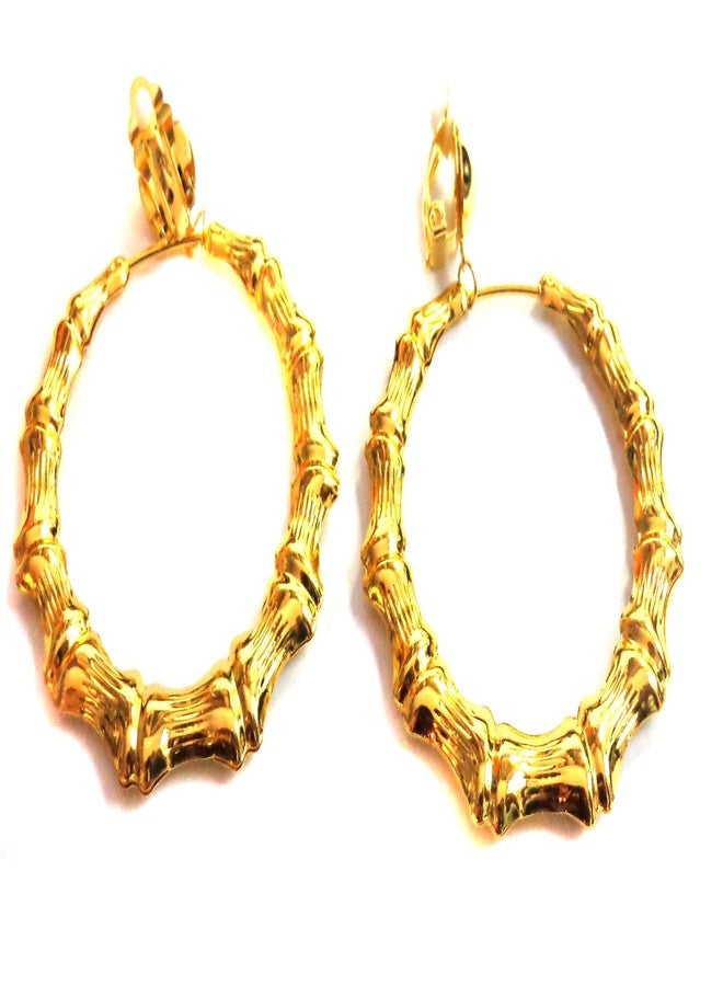 Divas Diggables Clip-on Hoop Earrings Bamboo Gold Tone Old School 2.5 inch Hoop Earrings Non Pierced - Image 2