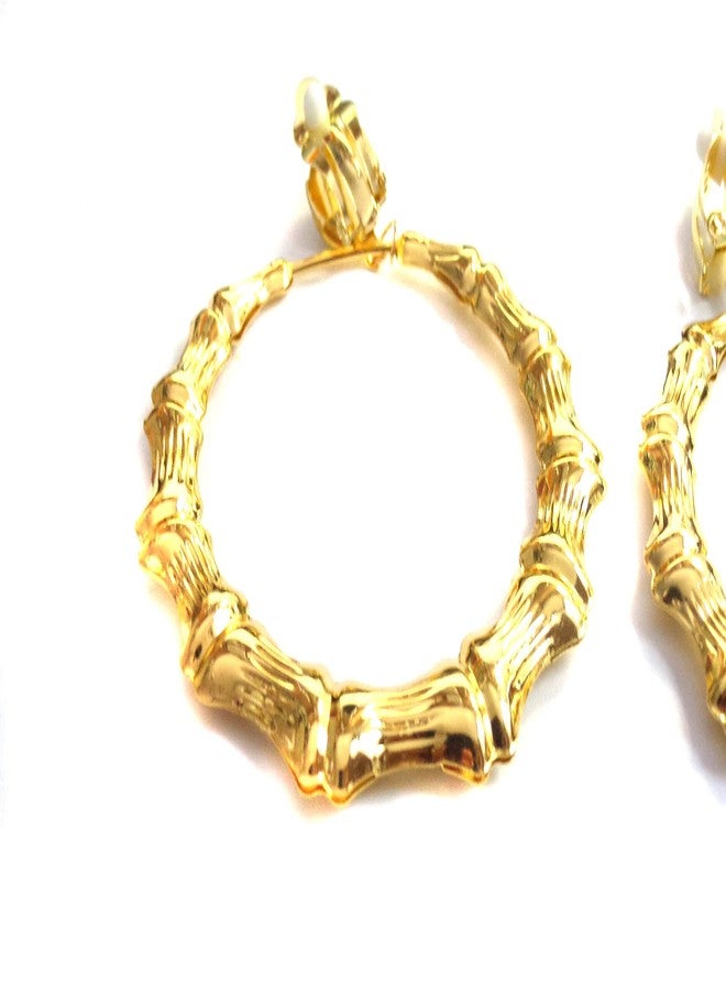 Divas Diggables Clip-on Hoop Earrings Bamboo Gold Tone Old School 2.5 inch Hoop Earrings Non Pierced - Image 3