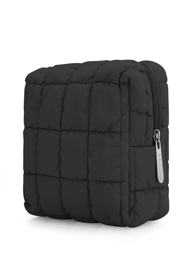 E-Tree Cute Makeup Bag,Quilted Cosmetic Bag,Make up Pouch for Purse,Toiletry Zipper Pouch,Checkered Bag,Travel Case,Storage Pouches for Organization (Black) - Image 1