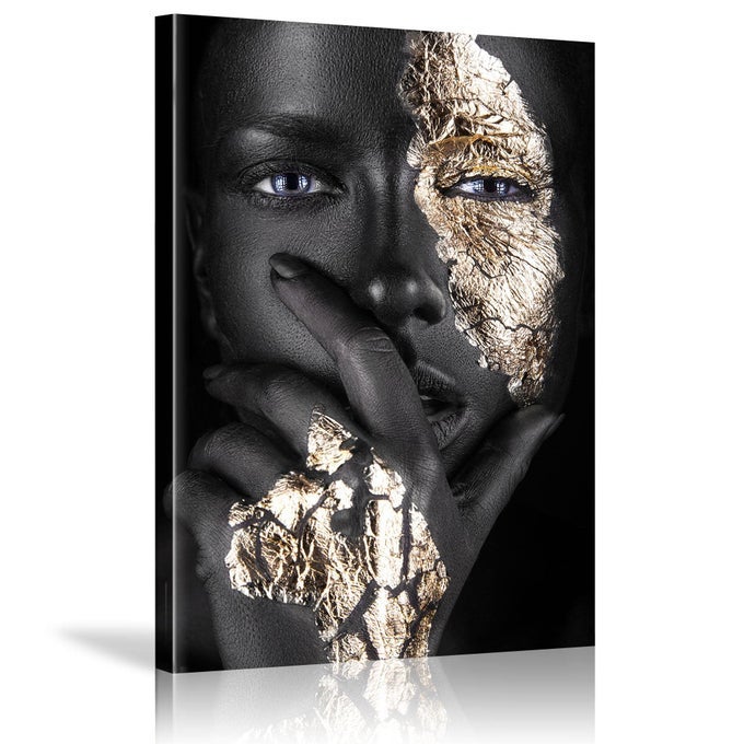 BLACK WOMAN WALL ART AFRICAN AMERICAN WALL ART CANVAS FRAMED BLACK AND GOLD WOMEN PORTRAIT CANVAS PRINT ARTWORK BLACK ART WALL DECOR AFRICAN DECORATIONS FOR LIVING ROOM 12X16