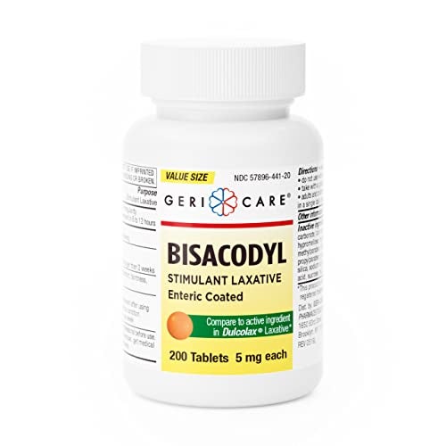 GeriCare Bisacodyl 5mg Stimulant Laxative Enteric Coated Tablets FastActing Constipation Relief Promotes Regular Bowel Movements 200 Count Pack of 1