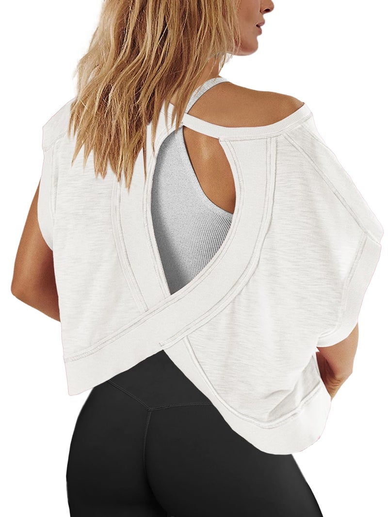 Panadila Womens Open Back Workout Top Oversized Workout T Shirts Backless Athletic Shirt Short Sleeve Baby Tee (White,S) - Image 1