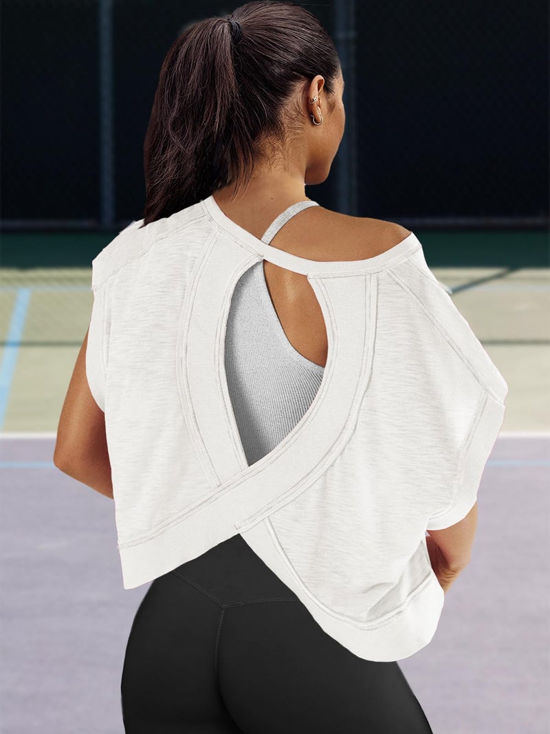 Panadila Womens Open Back Workout Top Oversized Workout T Shirts Backless Athletic Shirt Short Sleeve Baby Tee (White,S) - Image 3