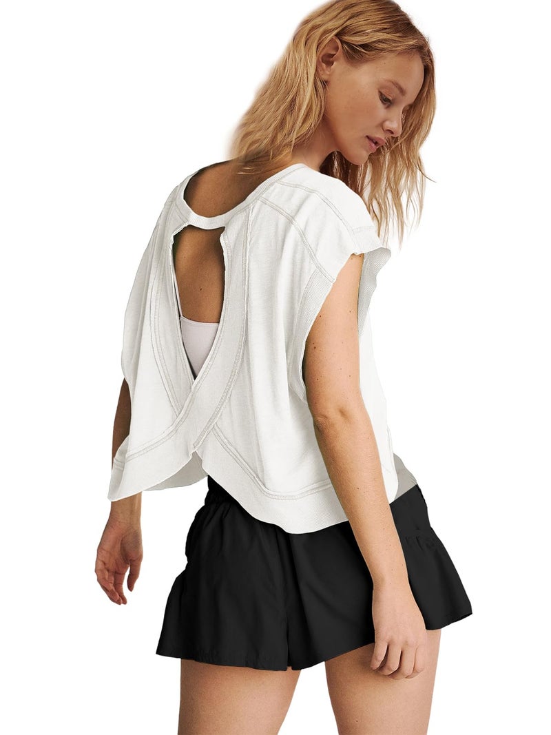 Panadila Womens Open Back Workout Top Oversized Workout T Shirts Backless Athletic Shirt Short Sleeve Baby Tee (White,S) - Image 4