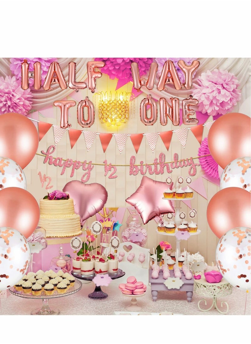 Excefore - 31 Pcs Half Birthday Decorations Baby Girl Rose Gold, Birthday Decorations 6 Months Happy Birthday Banner Set Glitter Half Birthday Crown Hat Balloons Cake Topper Triangle Flag Banner Bow Tie - Image 1
