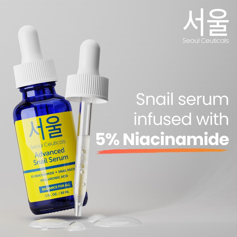 SeoulCeuticals Korean 5% Niacinamide + Snail Mucin 97.5% Essence Serum + Hyaluronic Acid, Cruelty Free Korean Skin Care, Natural & Organic Anti Aging Face Serum for Dull Skin, K Beauty 1oz - Image 4
