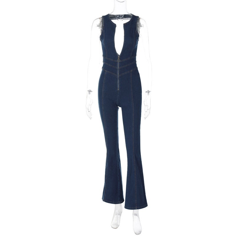 Summer 2023 Slimming Backless Denim Jumpsuit Blue