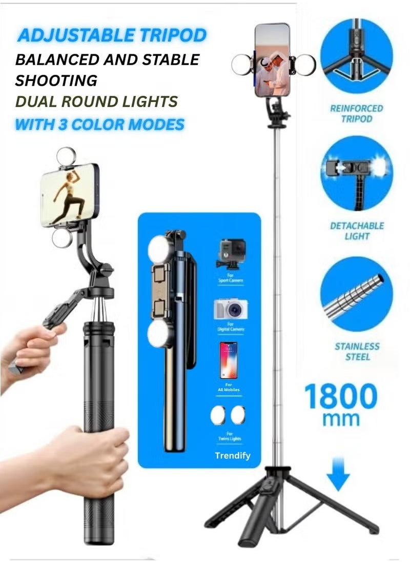 vesus 180cm/70.86 Inches Extra Long Selfie Stick Tripod, Anti-Shake Selfie Stick with Balance Handle, Dual Lights Portable Stainless Steel Tripod with Rechargeable Bluetooth Remote for Mobile Phones, Suitable For Smartphones, Cameras, Vlogging, Photography, and Video Recording, Live Streaming  - Image 1