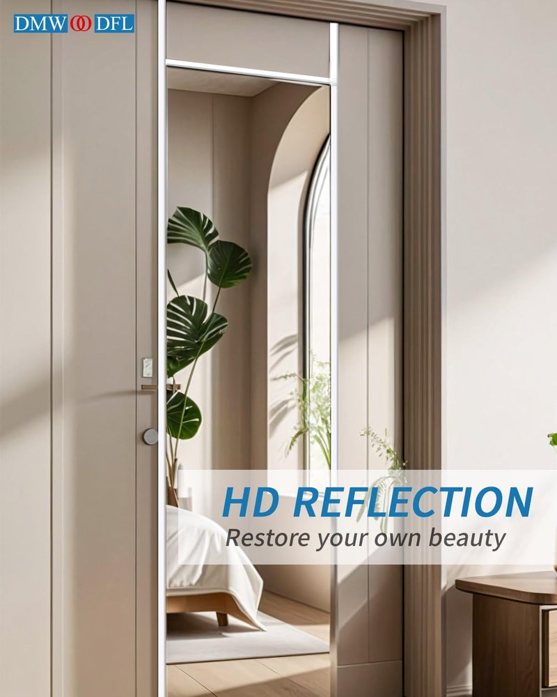 DMWOODFL مرآة كاملة الطول فوق الباب DMWOODFL 48"x14" - تعليق بدون حفر مع خطافات معدنية، زجاج مقاوم للكسر وإطار من الألمنيوم لتزيين الحمام، غرفة النوم، المدخل (فضي أبيض) - Image 3