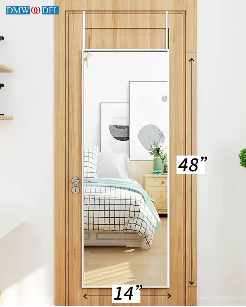 DMWOODFL مرآة كاملة الطول فوق الباب DMWOODFL 48"x14" - تعليق بدون حفر مع خطافات معدنية، زجاج مقاوم للكسر وإطار من الألمنيوم لتزيين الحمام، غرفة النوم، المدخل (فضي أبيض) - Image 2