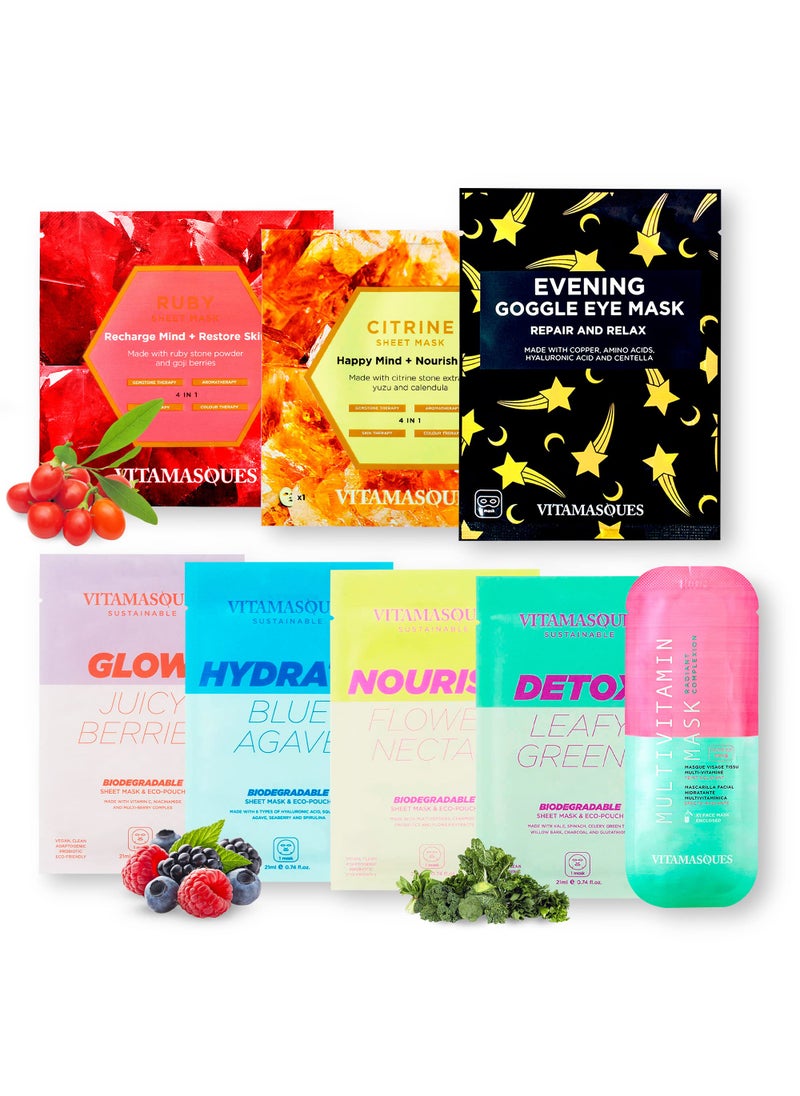 Vitamasques - Vitamasques Face Sheet Masks Vegan Kit, 8-Pack - Collection of Triple-Layer Sheet Facial Masks Made With Premium and Natural Ingredients to Boost your Skincare Routine - Image 1