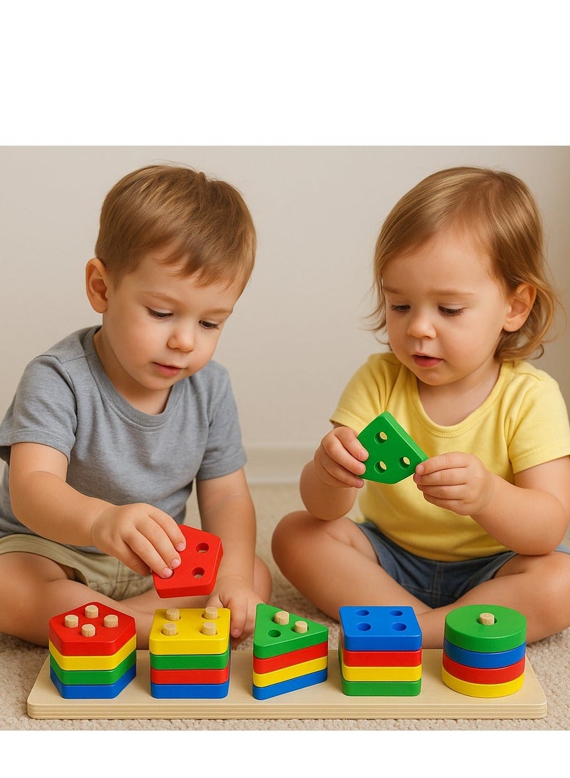 لوحة تكديس الأشكال الخشبية – خماسي، مربع، مثلث، مستطيل ودايرة (أحمر، أصفر، أخضر، أزرق) - Image 3