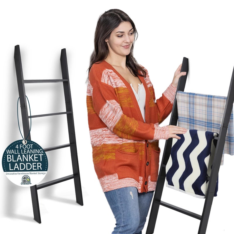 RELODECOR Blanket Ladder for Living Room and Bedroom, 4ft 4-Tier Wall Leaning Laminate Snag Free Construction (Black) Rustic Decorative Farmhouse Blanket Storage, Quilt Rack, Ladder Shelf, Easy Assembly - Image 3