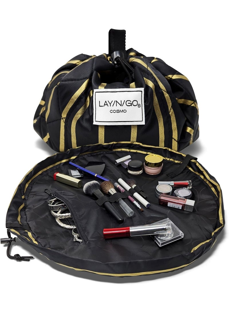 Lay-n-Go Lay-n-Go Cosmo Drawstring Cosmetic & Makeup Bag Organizer - Portable Drawstring Makeup Bag w/Zipper Pocket, Loops - Durable, Machine Washable for Travel (20', Black & Gold) 