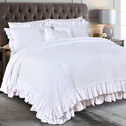 Masaca White Ruffled Comforter Set Queen,Lightweight Farmhouse Shabby Boho Chic White Bedding,Ultra Soft Fluffy Washed Microfiber Bed Comforter Set 3-Piece (1 White Comforter+2 Ruffle Pillow Shams) - Image 1
