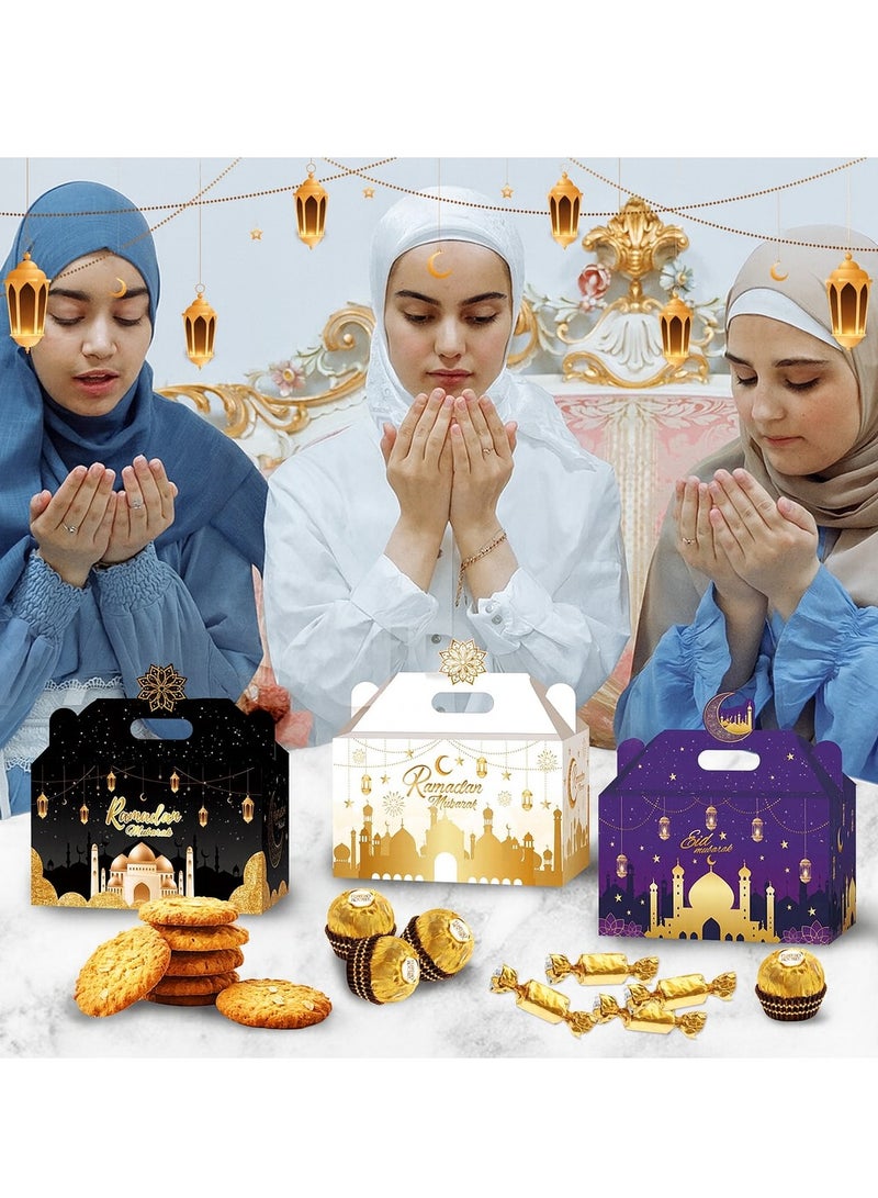 الأزرق جي دبليو 12 قطعة صناديق هدايا رمضان وعيد مبارك صناديق هدايا صغيرة صناديق هدايا معاد تدويرها صناديق هدايا مطبوعة من الورق المقوى للحلوى والبسكويت صناديق حلوى رمضان الإسلامية مع شريط للعيد 6 أنماط - Image 4