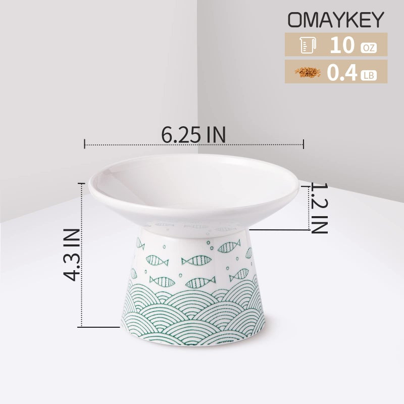 OMAYKEY 6.25 Inch Extra Wide Ceramic Raised Cat Bowls, Elevated Cat Bowls for Food & Water, Wide Shallow Cat Food Dish, Whisker Fatigue, Stress Free, Protect Spine, Black & Green Fish - Image 3