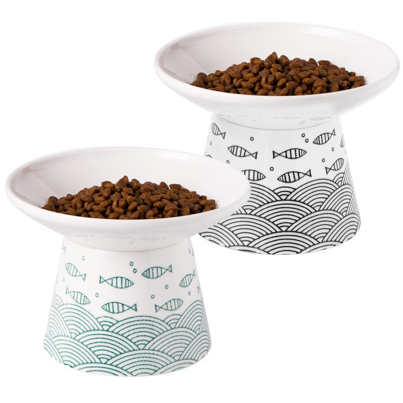 OMAYKEY 6.25 Inch Extra Wide Ceramic Raised Cat Bowls, Elevated Cat Bowls for Food & Water, Wide Shallow Cat Food Dish, Whisker Fatigue, Stress Free, Protect Spine, Black & Green Fish - Image 1