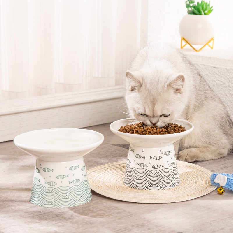 OMAYKEY 6.25 Inch Extra Wide Ceramic Raised Cat Bowls, Elevated Cat Bowls for Food & Water, Wide Shallow Cat Food Dish, Whisker Fatigue, Stress Free, Protect Spine, Black & Green Fish - Image 2