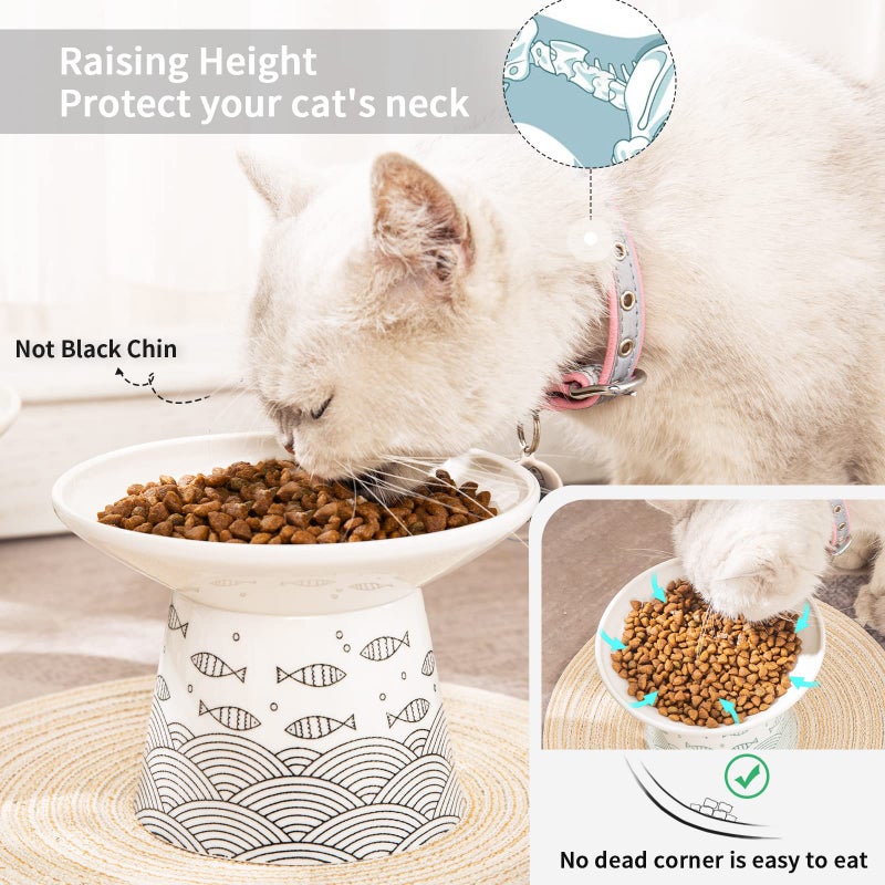 OMAYKEY 6.25 Inch Extra Wide Ceramic Raised Cat Bowls, Elevated Cat Bowls for Food & Water, Wide Shallow Cat Food Dish, Whisker Fatigue, Stress Free, Protect Spine, Black & Green Fish - Image 4