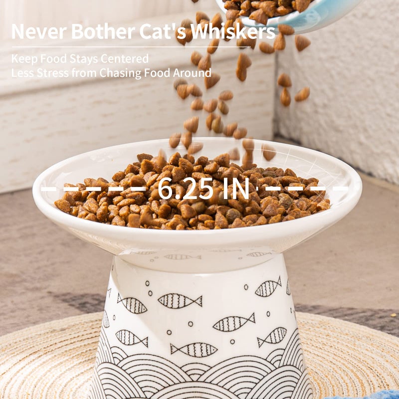 OMAYKEY 6.25 Inch Extra Wide Ceramic Raised Cat Bowls, Elevated Cat Bowls for Food & Water, Wide Shallow Cat Food Dish, Whisker Fatigue, Stress Free, Protect Spine, Black & Green Fish - Image 5