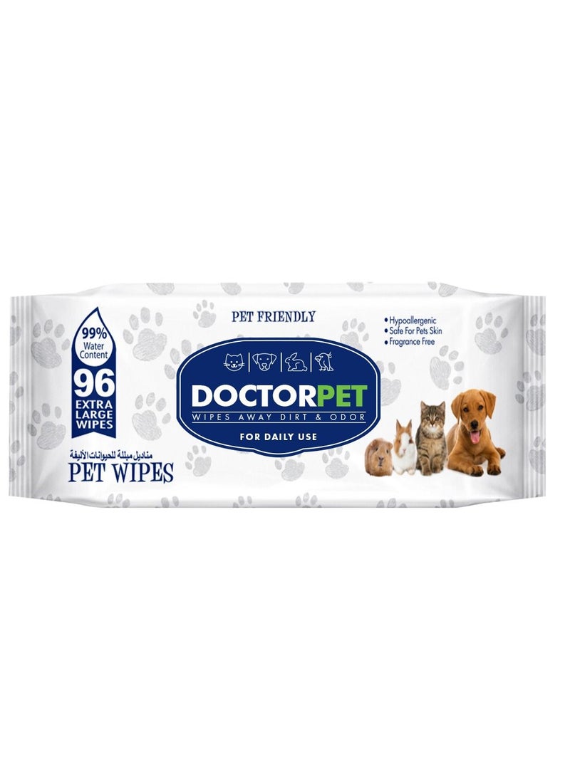 DOCTERPET Doctor Pet Wipes 96's – 99% Water Content,Fragrance Free,Hypoallergenic, Extra Large Wipes for Daily Cleansing - Image 1