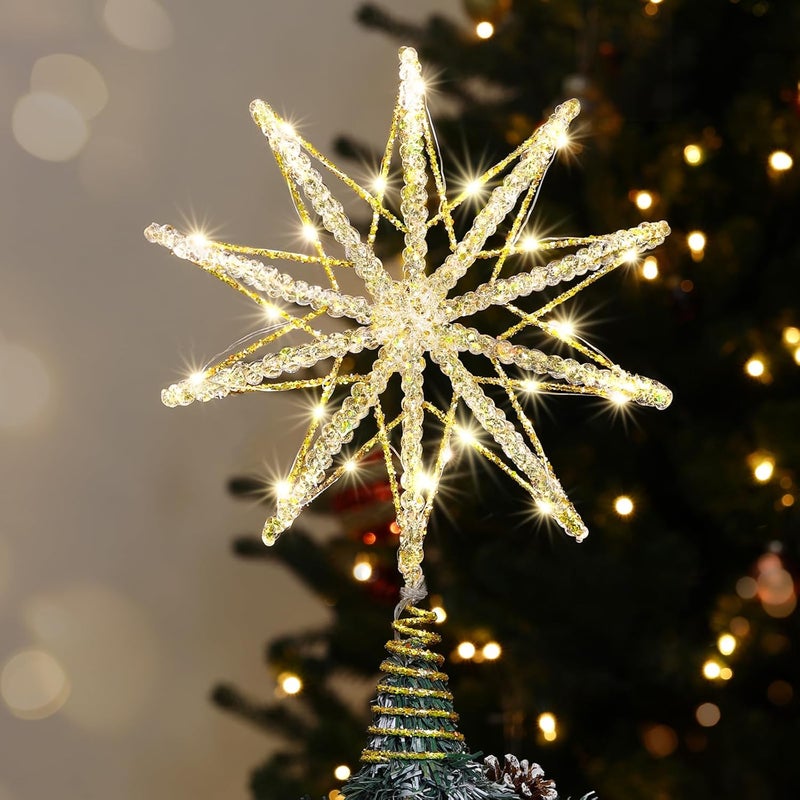 Luxspire Christmas Tree Topper, Lighted Star Tree Topper with USB Remote Control, 10" Clear Metal Decorations Lights,Light Up Xmas Stars Vintage Modern Ornaments for Home Party, Decagram Star-Gold - Image 1