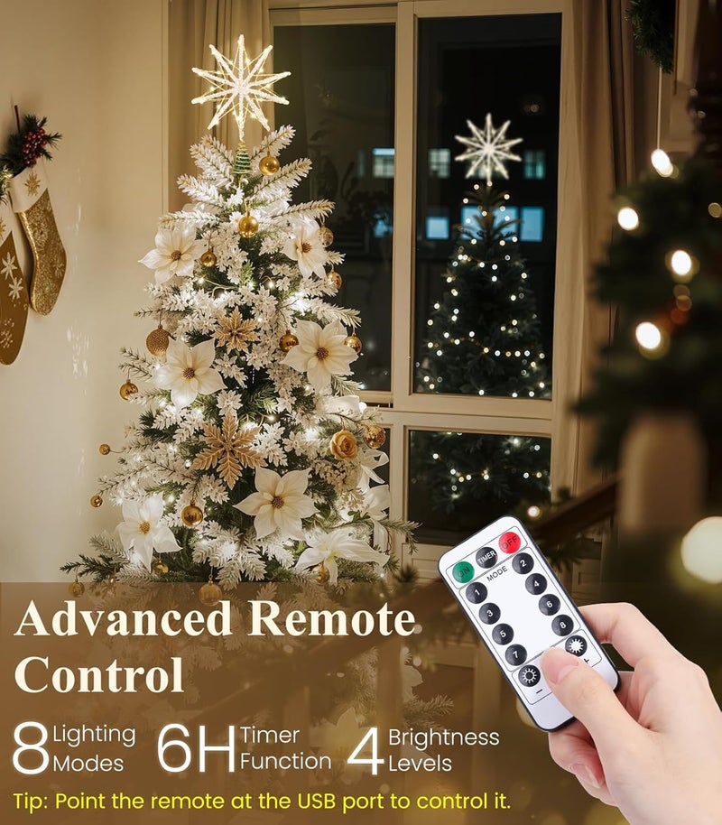 Luxspire Christmas Tree Topper, Lighted Star Tree Topper with USB Remote Control, 10" Clear Metal Decorations Lights,Light Up Xmas Stars Vintage Modern Ornaments for Home Party, Decagram Star-Gold - Image 4