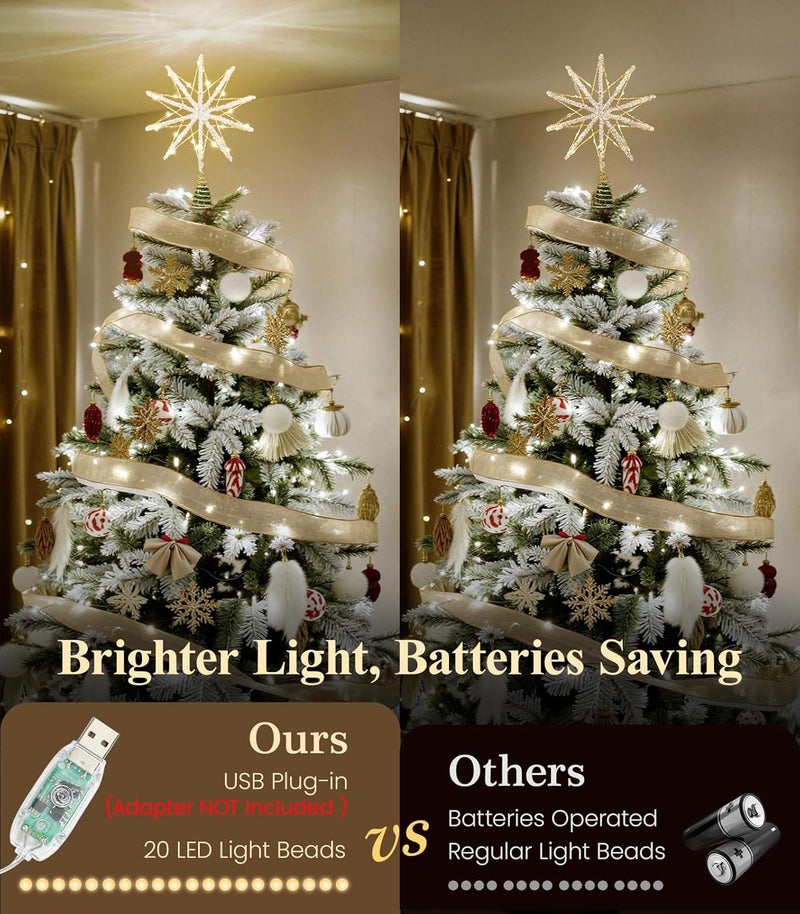 Luxspire Christmas Tree Topper, Lighted Star Tree Topper with USB Remote Control, 10" Clear Metal Decorations Lights,Light Up Xmas Stars Vintage Modern Ornaments for Home Party, Decagram Star-Gold - Image 2