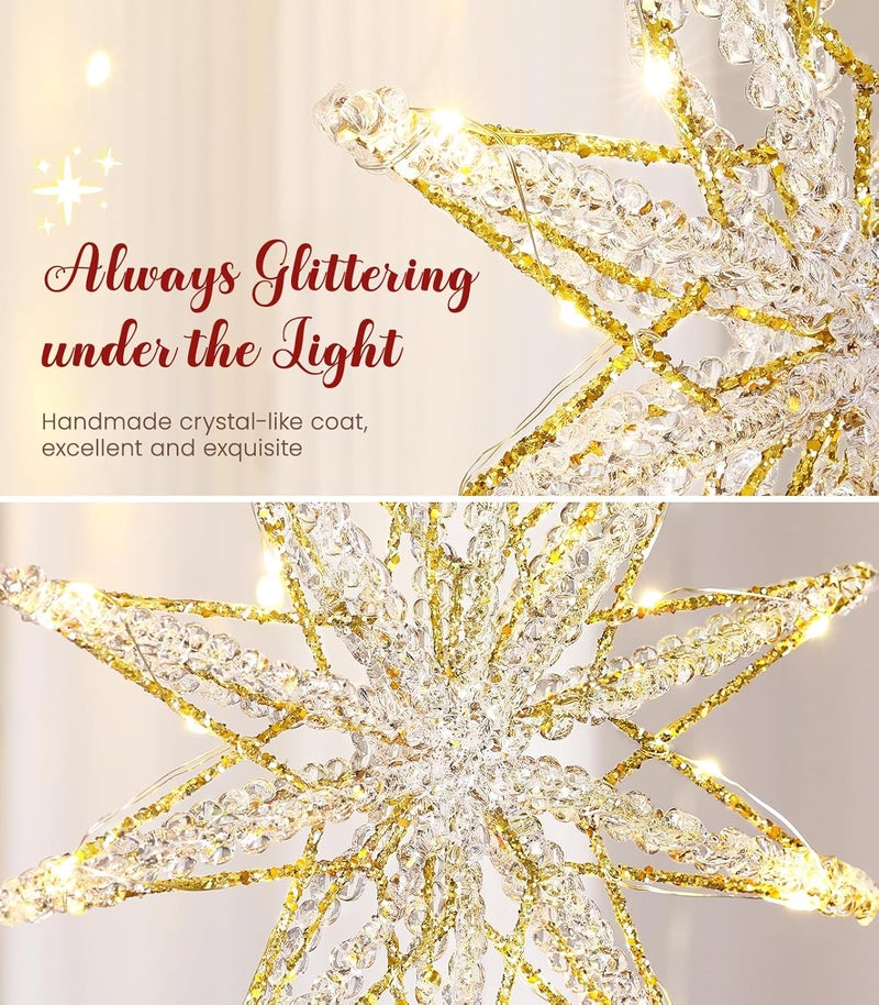 Luxspire Christmas Tree Topper, Lighted Star Tree Topper with USB Remote Control, 10" Clear Metal Decorations Lights,Light Up Xmas Stars Vintage Modern Ornaments for Home Party, Decagram Star-Gold - Image 3