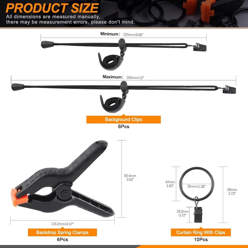 SHOPEE 22Pcs Photography Backdrop Clips Clamps Assorments Kit, 10Pcs Curtain Rings with Clip, 6Pcs Backdrop Spring Clamps and 6Pcs Leather Background Clips Holder - Image 2