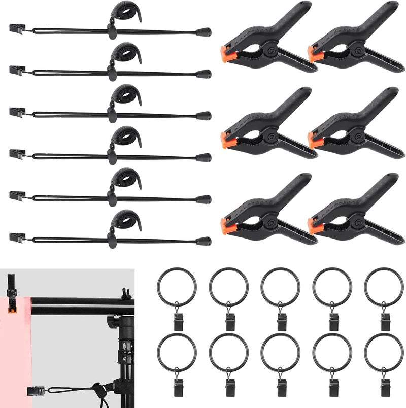 SHOPEE 22Pcs Photography Backdrop Clips Clamps Assorments Kit, 10Pcs Curtain Rings with Clip, 6Pcs Backdrop Spring Clamps and 6Pcs Leather Background Clips Holder - Image 1