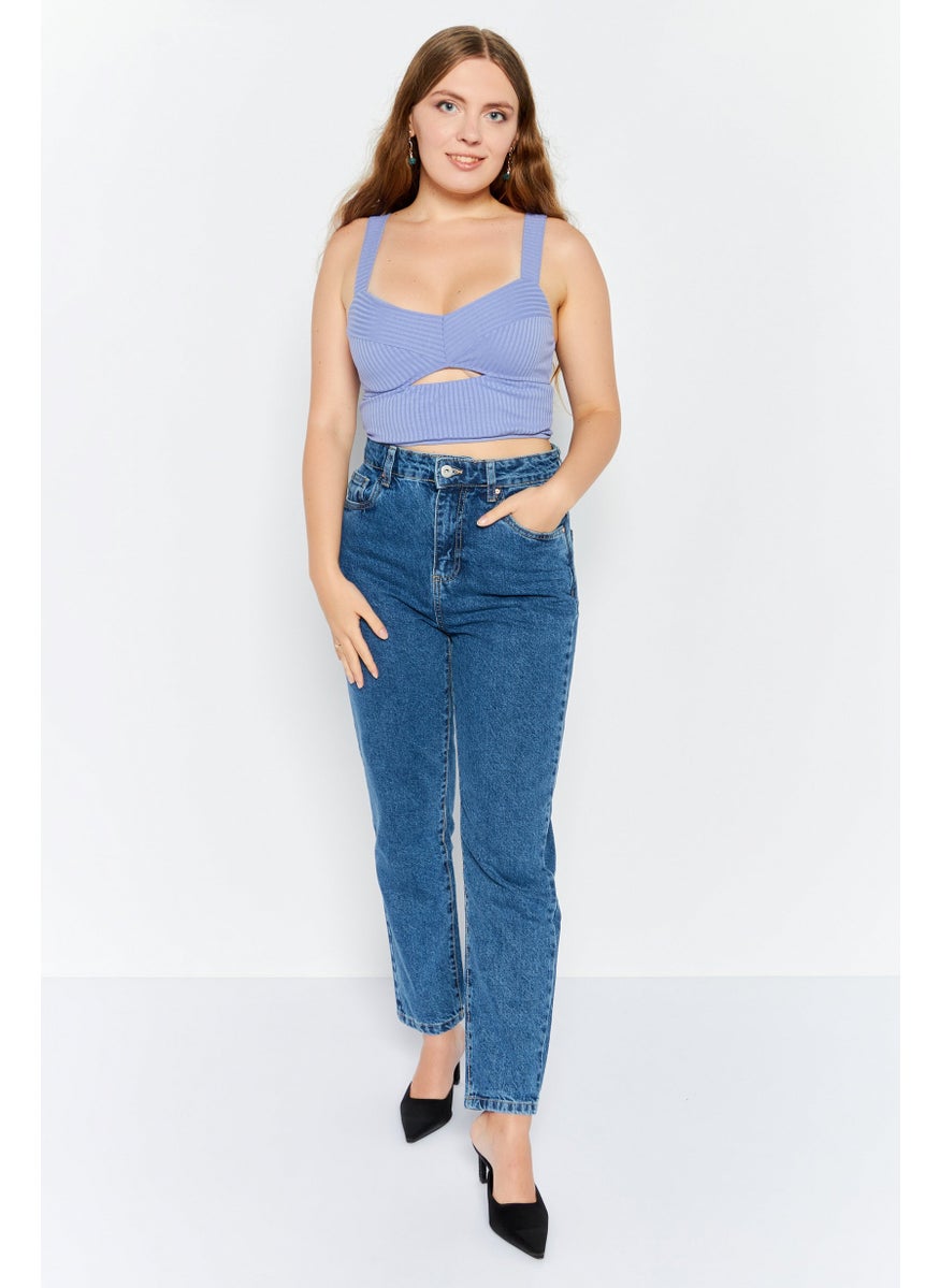 Etam Women Diamond Neck Sleeveless Ribbed Cut Out Crop Top, Violet Blue  - Image 2
