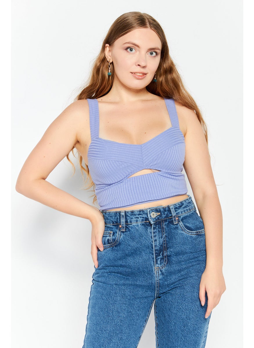 Etam Women Diamond Neck Sleeveless Ribbed Cut Out Crop Top, Violet Blue  - Image 1