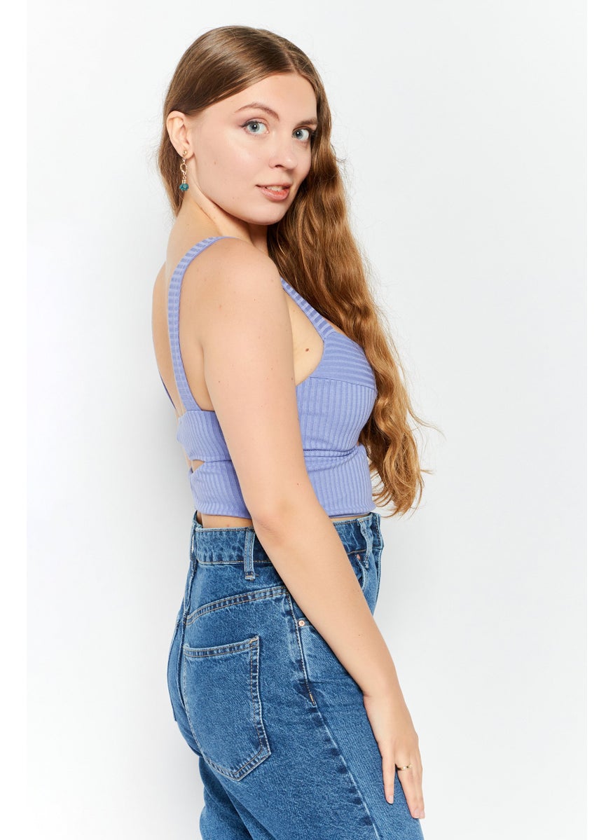 Etam Women Diamond Neck Sleeveless Ribbed Cut Out Crop Top, Violet Blue  - Image 3