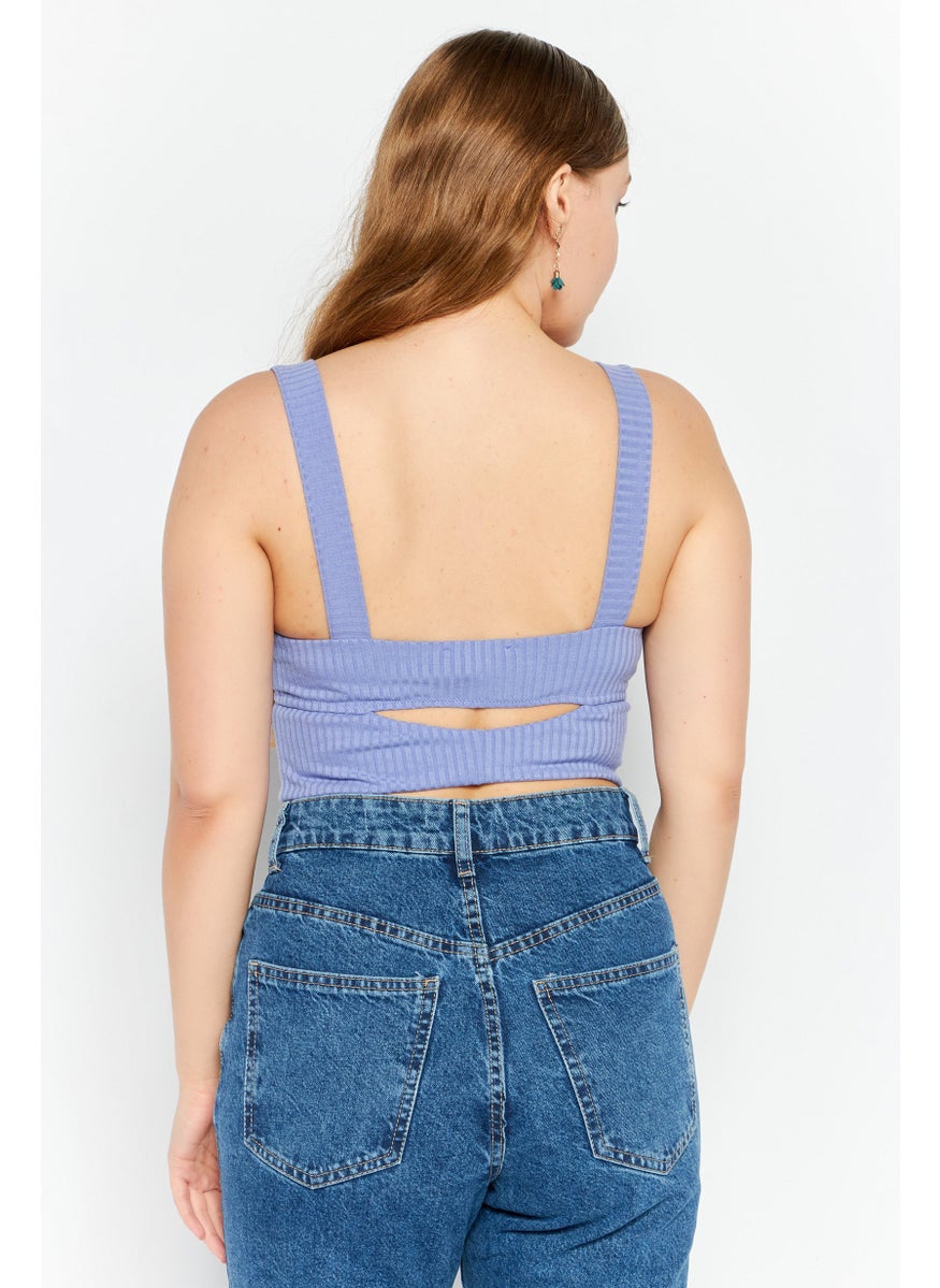 Etam Women Diamond Neck Sleeveless Ribbed Cut Out Crop Top, Violet Blue  - Image 4