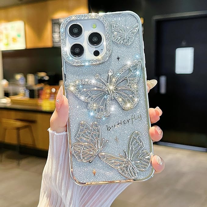 Elzzi Electroplated Butterfly Phone Cover for iPhone 16 Pro Max Case, Showcasing Pearlescent Diamond Soft TPU, Camera Protection, Shockproof, Dropresistant Stylish for Girls & Women (Silver) - Image 2
