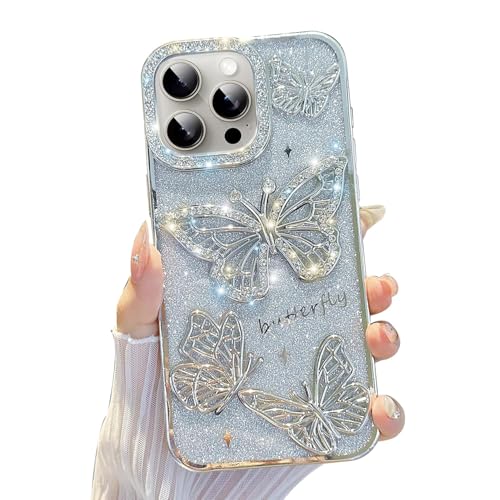 Elzzi Electroplated Butterfly Phone Cover for iPhone 16 Pro Max Case, Showcasing Pearlescent Diamond Soft TPU, Camera Protection, Shockproof, Dropresistant Stylish for Girls & Women (Silver) - Image 1